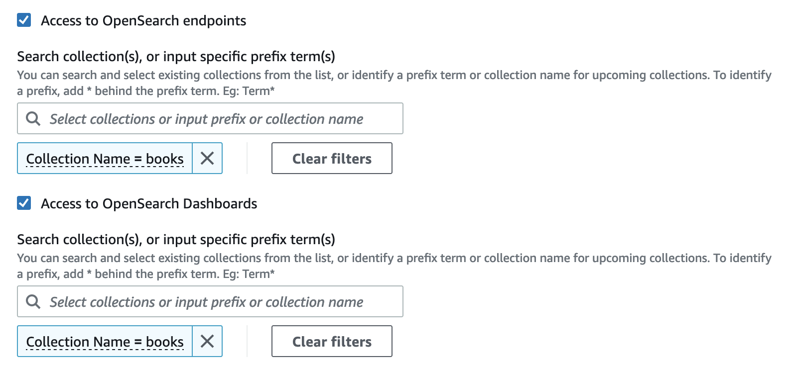 Search interface showing two input fields for collection or prefix term selection, both set to "books".