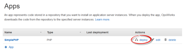 Apps page showing SimplePHP app with deploy, edit, and delete action options.
