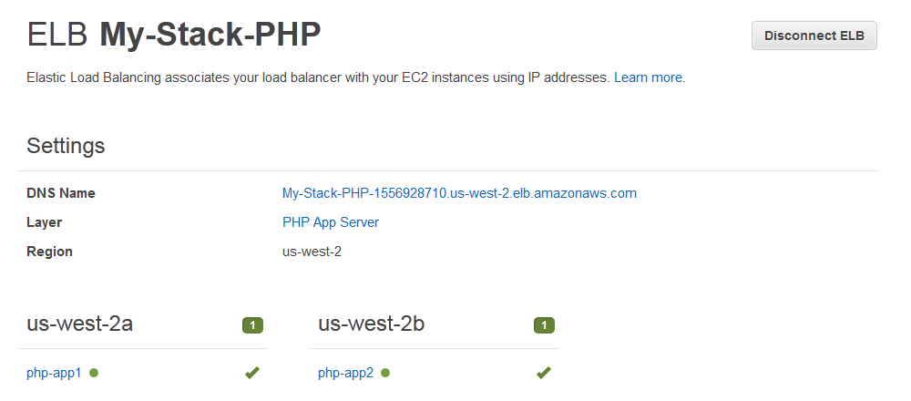 ELB My-Stack-PHP settings showing DNS name, layer, region, and instance status.