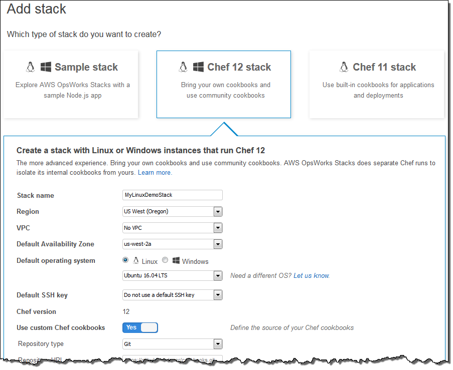 AWS OpsWorks Stacks interface for creating a Chef 12 stack with configuration options.