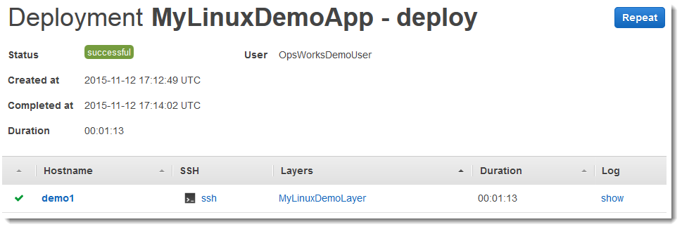 Deployment details for MyLinuxDemoApp showing successful status and duration of 1 minute 13 seconds.