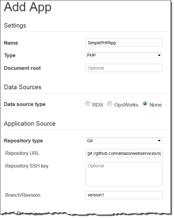 Add App form with settings for name, type, document root, data sources, and application source.