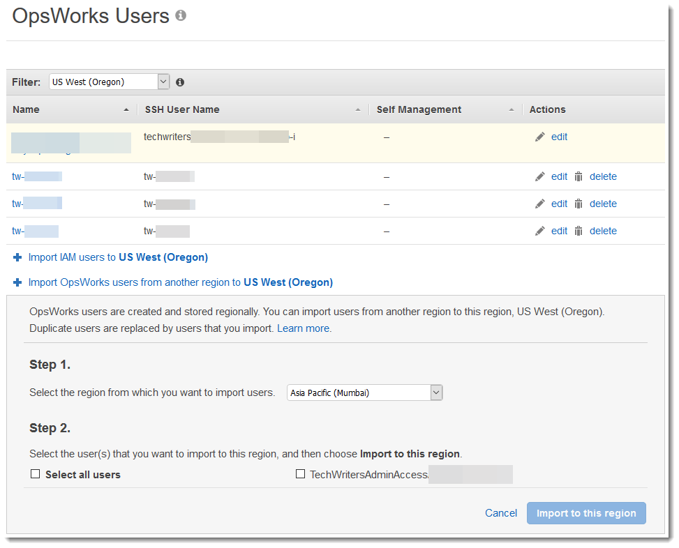 us-west-2 users を表示する [Users] ページ