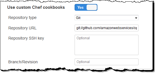 Configuration form for custom Chef cookbooks with repository details and options.