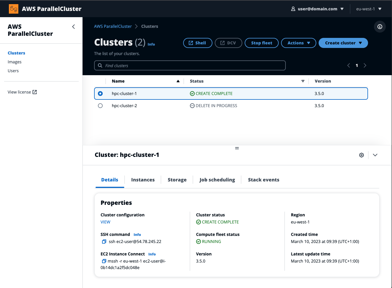 AWS ParallelCluster UI のホームページでは、クラスターを作成、編集、削除できます。クラスターのリストや選択したクラスターの詳細を表示したり、クラスター、公式イメージ、カスタムイメージ、ユーザーに移動したりすることもできます。