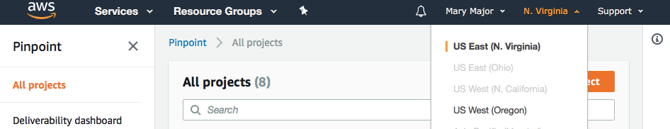米国東部 (バージニア北部) が選択されていることを示すリージョンのドロップダウン。
