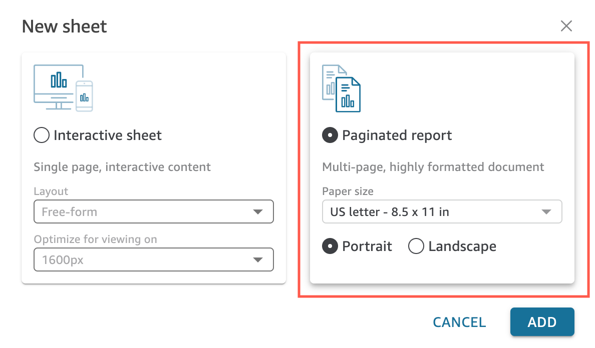 New sheet options for interactive sheet or paginated report with layout and paper size settings.