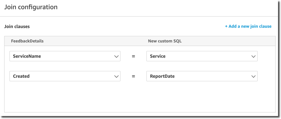 Join configuration interface showing FeedbackDetails and New custom SQL columns with matching fields.