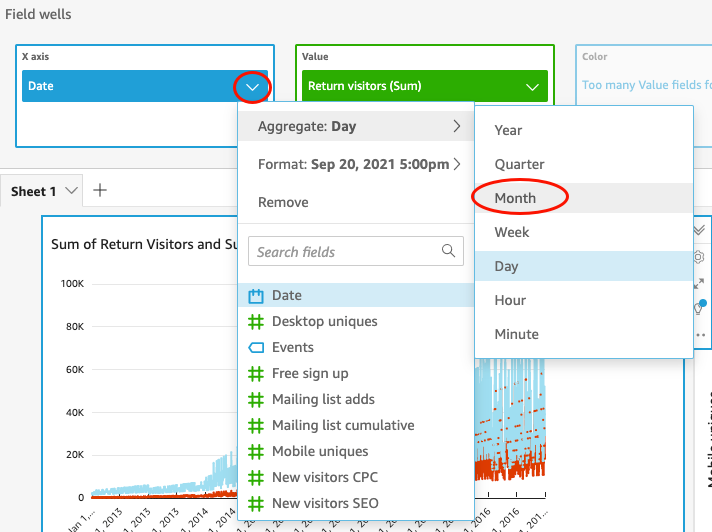 日付 field dropdown showing Aggregate options with Month highlighted.