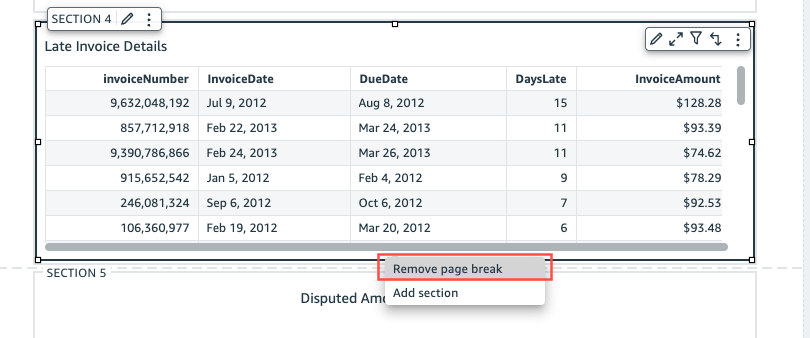 Table showing late invoice details with options to add section or remove page break.