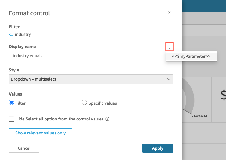 [Display name (名前を表示)] メニューが開いている [Edit control (コントロールの編集)] ページの画像。