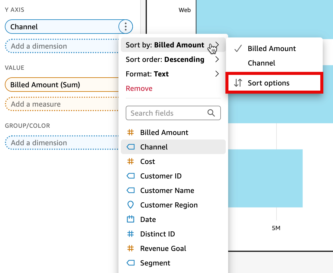 Dropdown menu showing sort options for Billed Amount, with Channel and other fields listed below.