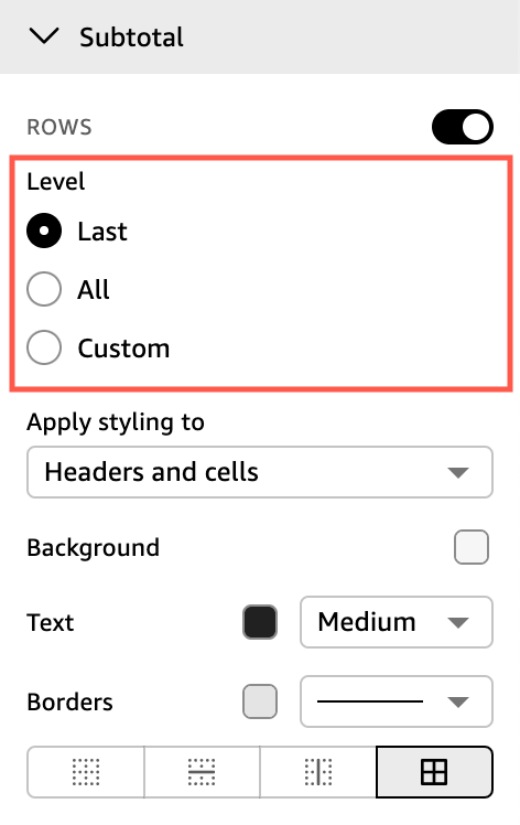 Subtotal settings panel with options for Level, Apply styling, Background, Text, and Borders.