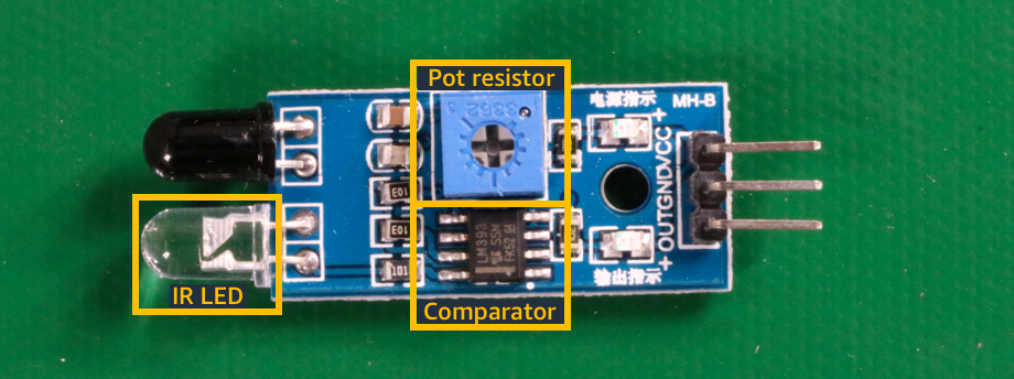 回路基板上の IR LED、ポットレジスタ、コンパレータチップを示すコンポーネントイメージ。