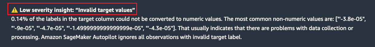 無効なターゲット値に関する重要度の低い警告の Autopilot データレポート。