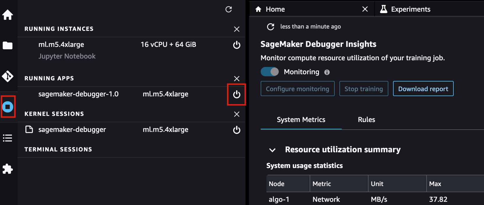 SageMaker Debugger Insights ダッシュボードインスタンスをシャットダウンする方法を示すアニメーションスクリーンショット。