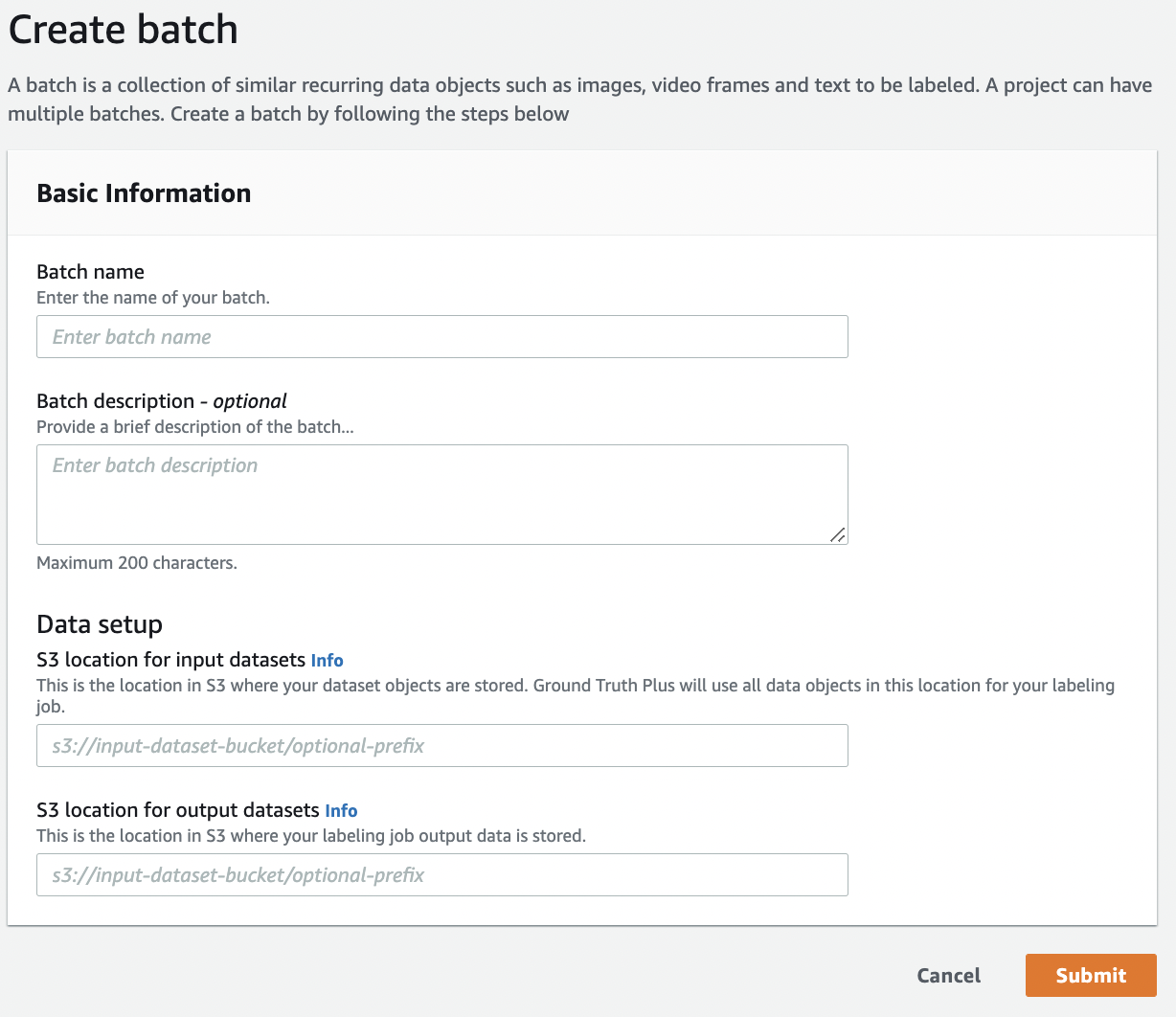 Amazon SageMaker Ground Truth Plus を使用してバッチを作成する入力フォーム。