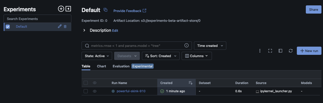 最上位の MLflow Experiments メニューに表示される実験。