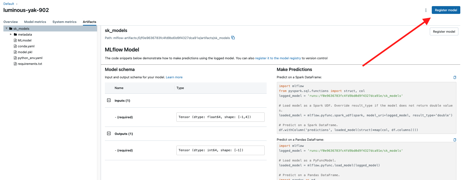 MLflow UI 内でのモデルレジストリの作成。