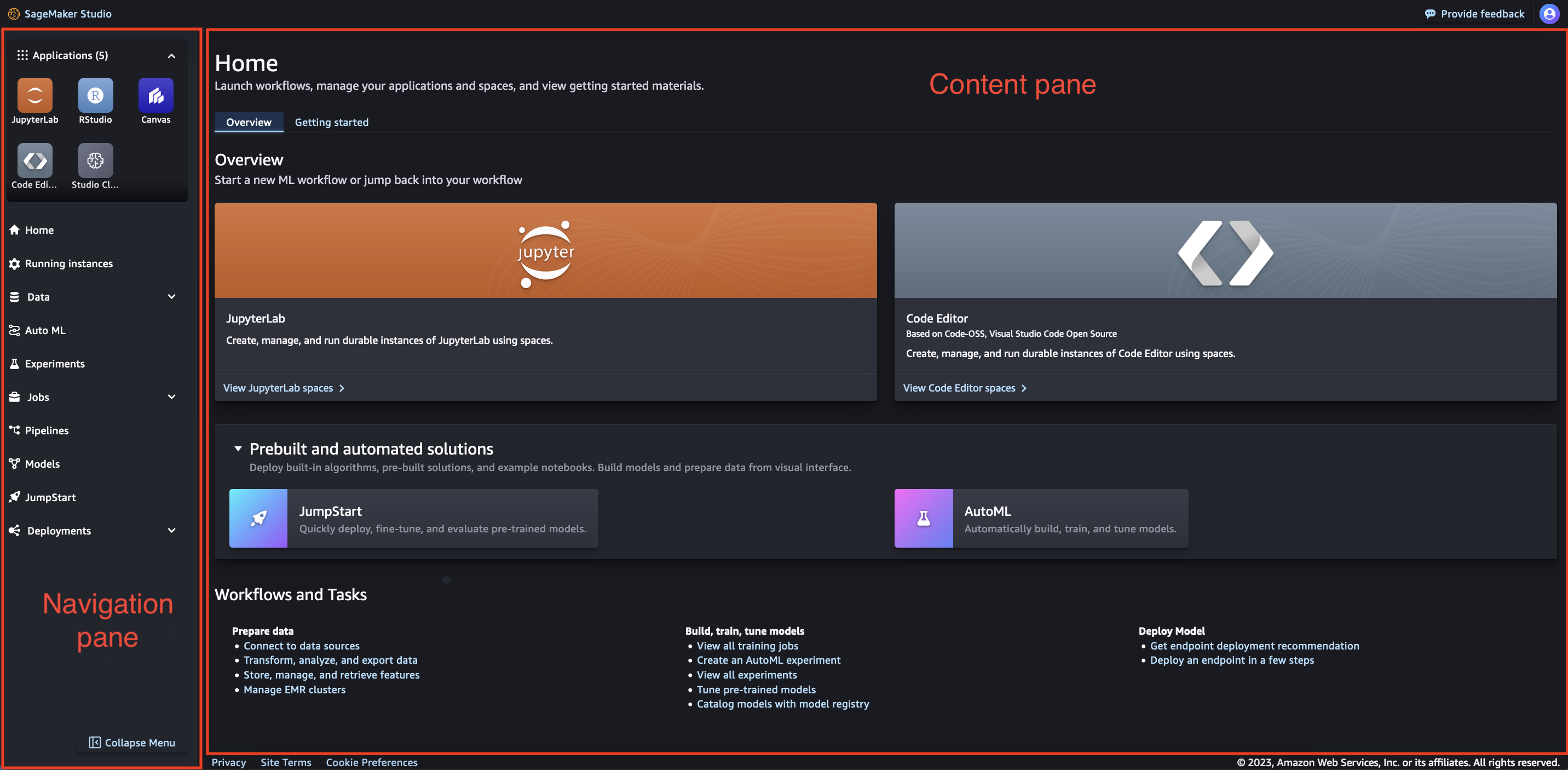 ナビゲーションペインとコンテンツペイン (メイン作業エリア) を含む Amazon SageMaker Studio ホームページ。