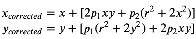 式 2: 方程式 x_{corrected} と y_{corrected}。接線方向ゆがみを補正する。