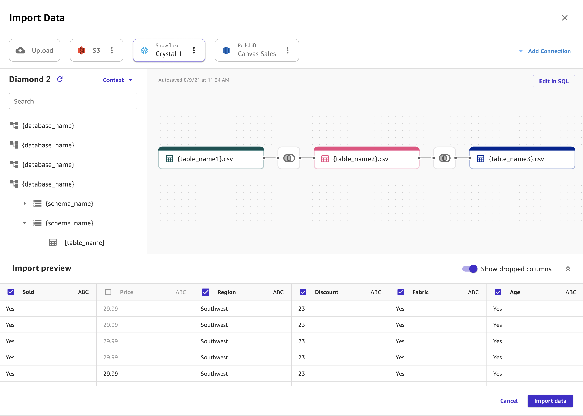 Canvas のインポートページのスクリーンショット。結合されているデータセットを示します。