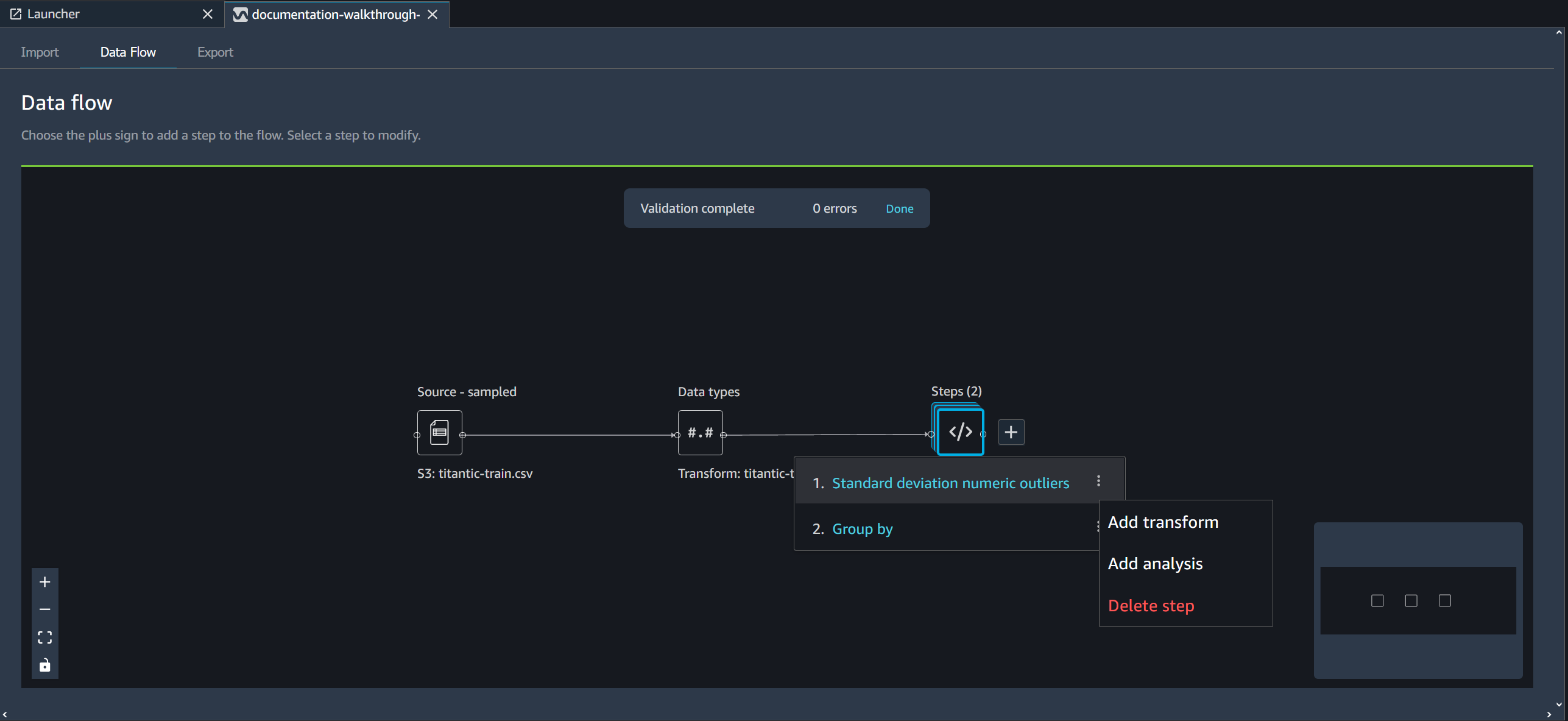 Data Wrangler コンソールのデータフローページでステップを削除する方法を示す例。