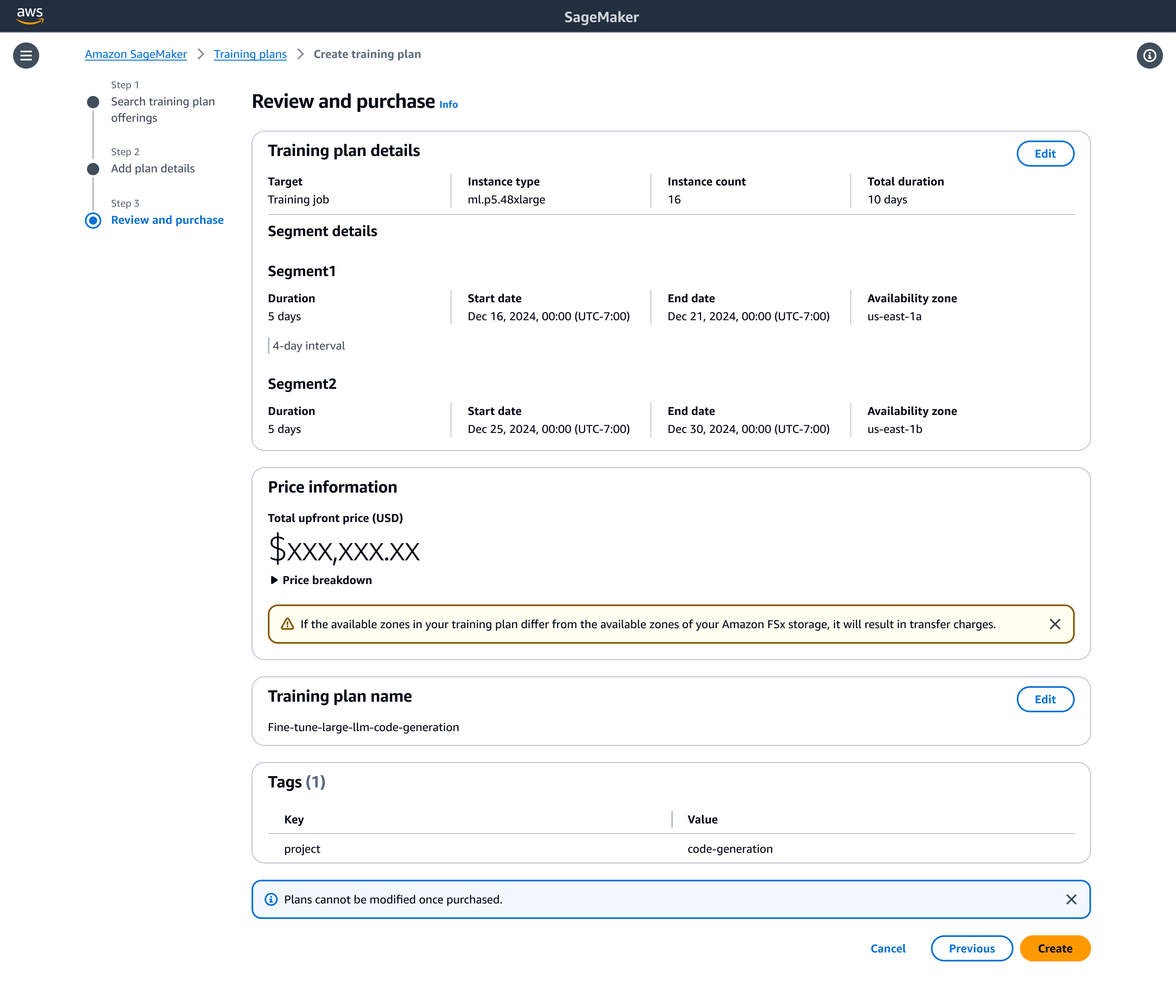 トレーニングプランの「レビューと購入」ページを示す SageMaker AI コンソール。このページには、トレーニングプランの詳細、セグメント情報、料金、プラン名、タグが表示されます。プランを編集、キャンセル、戻る、または作成するオプションを使用できます。