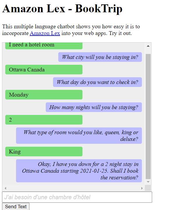 Chatbot interface demonstrating a hotel booking conversation with user inputs and bot responses.