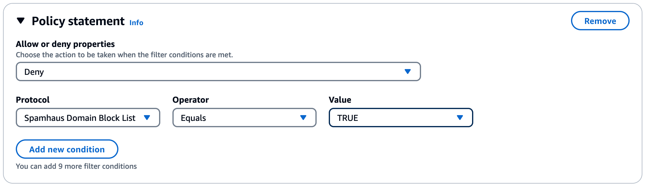 ポリシーステートメント条件で [Spamhaus Domain Block List] アドオンを使用すると、イングレスエンドポイントで受信する E メールをブロックできます。