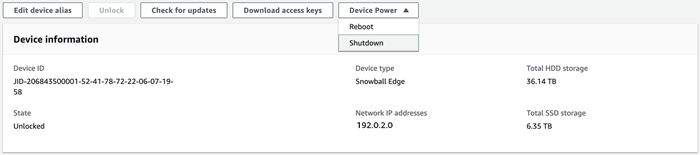 デバイスの詳細ページで、[デバイスの電源] メニューが開き、[シャットダウン] が選択されています。