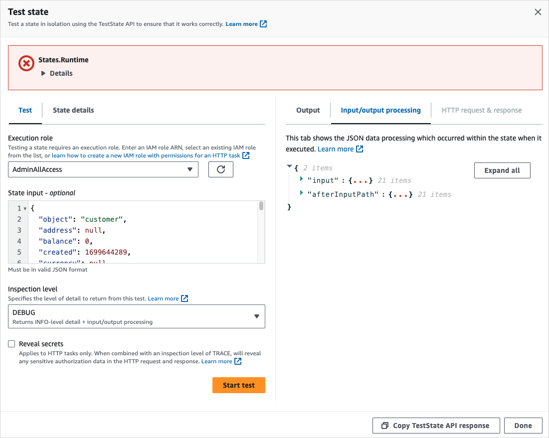 テストに失敗したDEBUGレベルの出力のスクリーンショット。