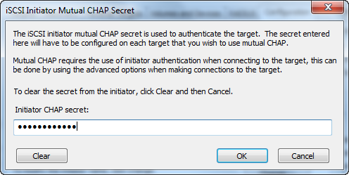 iSCSI イニシエータの相互CHAPシークレットダイアログに、不明瞭な文字が入力されていることが示されます。