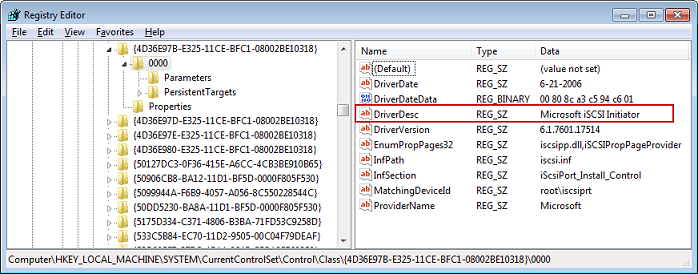 Windows レジストリエディタ。Driverdesc 文字列に [Microsoft iSCSI Initiator] 値が表示されています。