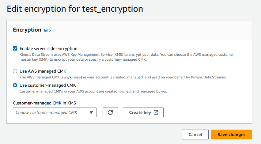 Encryption settings interface with options for server-side encryption and customer-managed CMK.