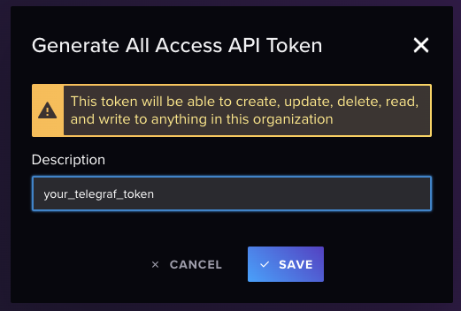 Dialog for generating an all-access API token with a warning and description field.