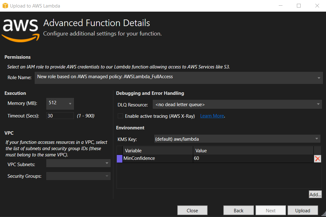 AWS Lambda function configuration interface showing permissions, execution, and environment settings.