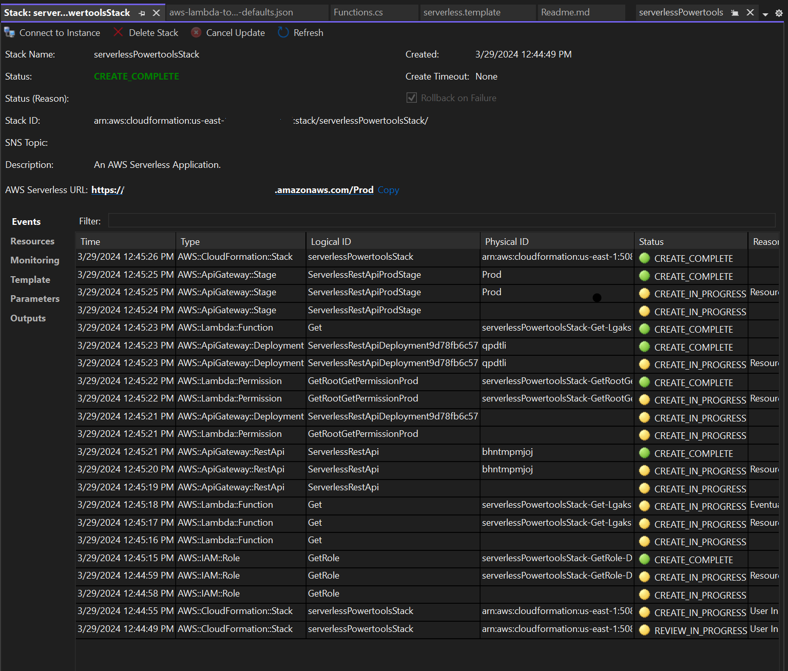 Visual Studio のデプロイスタックビューウィンドウの画像。