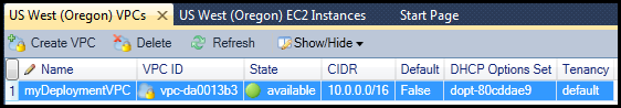 VPC list showing a single VPC named myDeploymentVPC with its ID and other details.