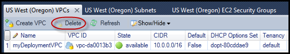 VPC management interface showing Delete option highlighted for a selected VPC.