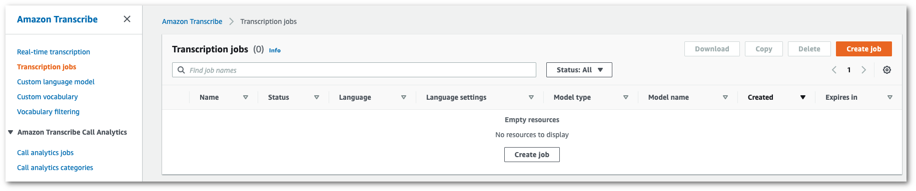 Amazon Transcribeコンソールのスクリーンショット:「文字起こしジョブ」ページ