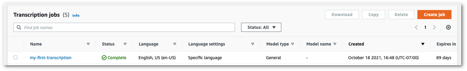 Amazon Transcribeコンソールのスクリーンショット:文字起こしジョブの概要ページ