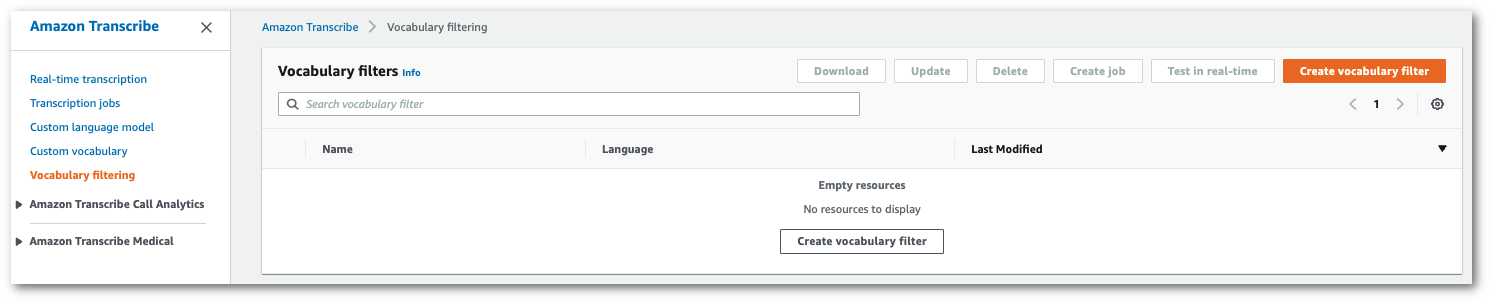 Amazon Transcribeコンソールのスクリーンショット:「語彙フィルター」ページ