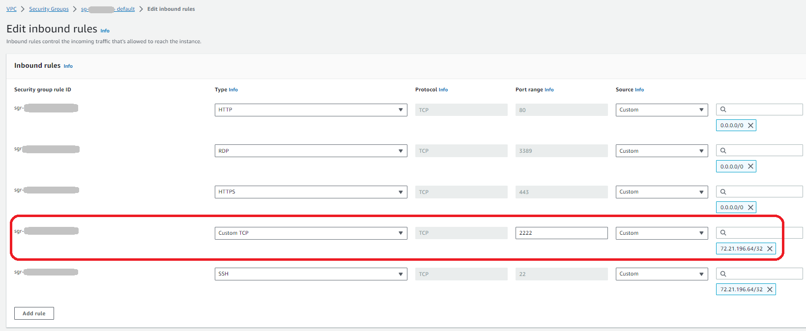 サンプルセキュリティグループのインバウンドルール。ポート 22 SSHの とポート 2222 のカスタムTCPの のルールを示します。