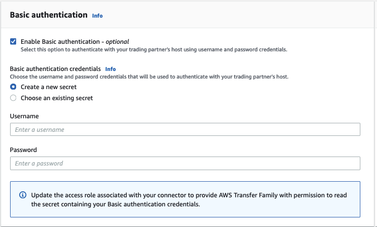 AWS Transfer Family コンソールの「コネクタの作成」ページには、「新しいシークレットの作成」が選択された「基本認証」セクションが表示されます。