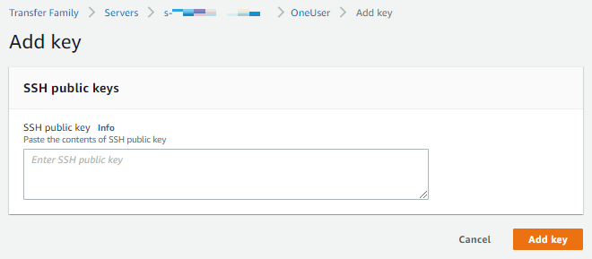 AWS Transfer Family コンソールには、パブリックキーを追加するためのキーの追加ページが表示されます。