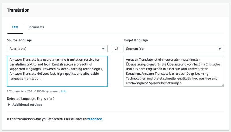 Amazon Translate API Explorer のテキスト翻訳ページ。