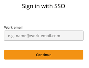 Sign-in form with work email input field and orange Continue button.