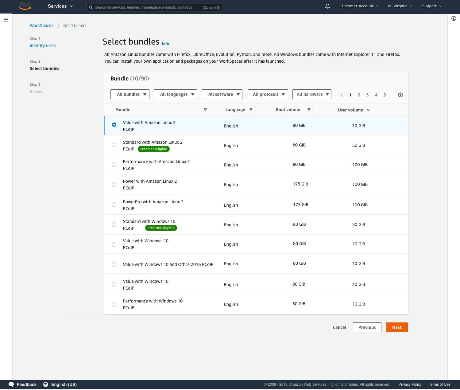 WorkSpaces ストレージ仕様のさまざまな Amazon Linux および Windows オプションを示すバンドル選択インターフェイス。