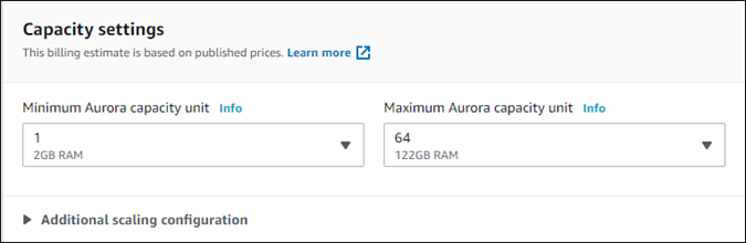 Aurora DB 클러스터에서 Serverless 복제본을 생성하려면 용량을 지정합니다.